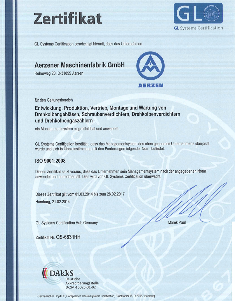 Die Aerzener Maschinenfabrik ist eines der ersten Maschinenbauunternehmen, das aufgrund ihrer Qualitätsorientierung nach DIN ISO 9001 zertifiziert wird.