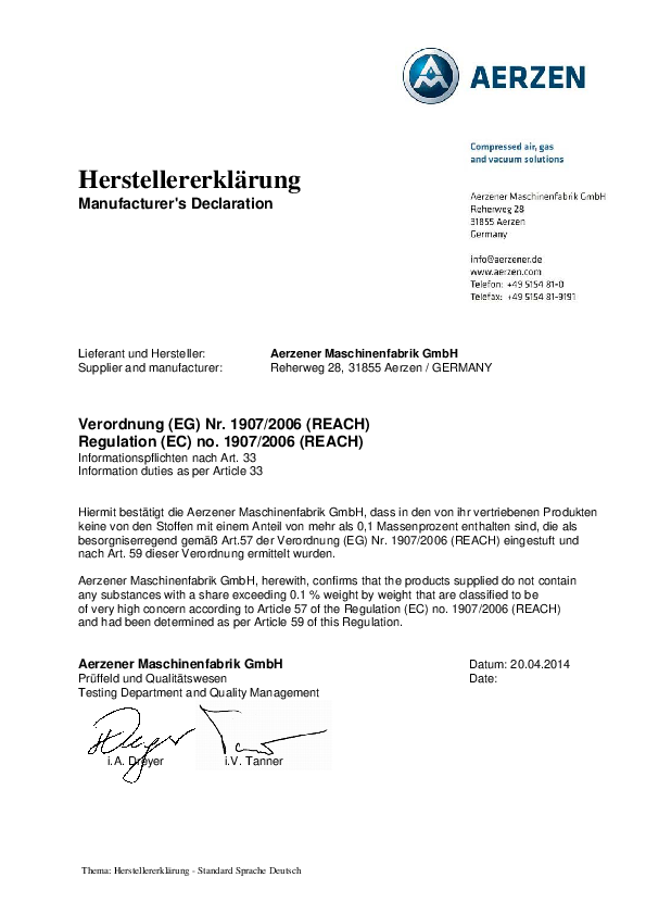 [Translate to Nederlands:] REACH- Manufacturers declaration