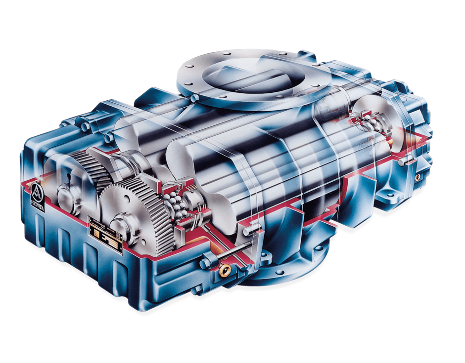 Aerzen develops positive displacement blowers with internal pulsation dampening, this milestone in the design of blowers was patented to the Aerzener Maschinenfabri Aerzen develops positive displacement blowers with internal pulsation dampening, this milestone in the design of blowers was patented to the Aerzener Maschinenfabri